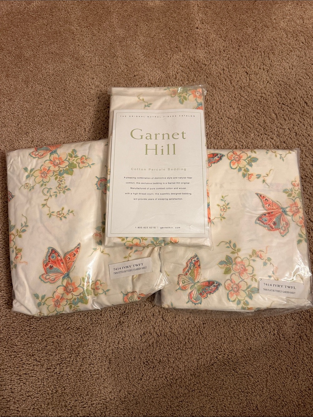 Garnet Hill Cotton Percale Bedding. Discontinued Butterfly garden print, twin